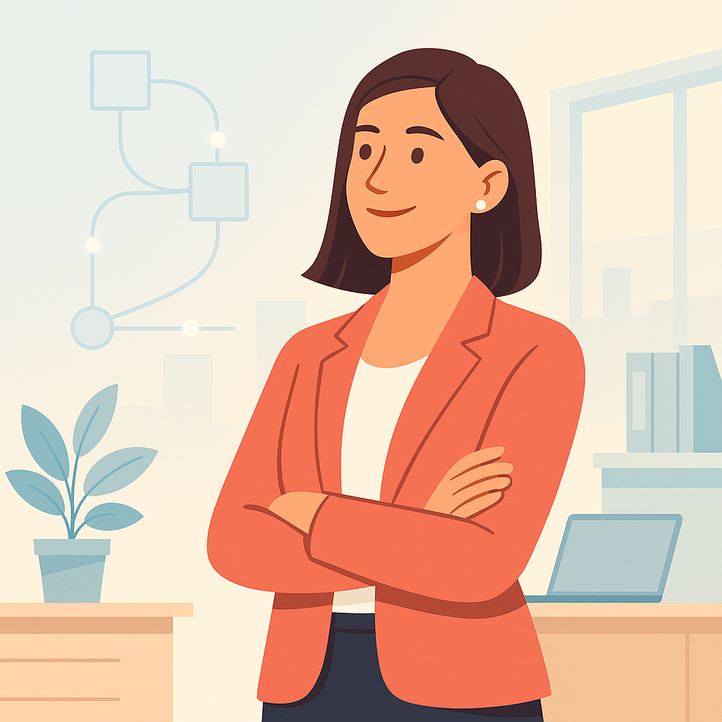 Bright, professional illustration of a business owner with workflow diagram background, representing practical AI consulting.