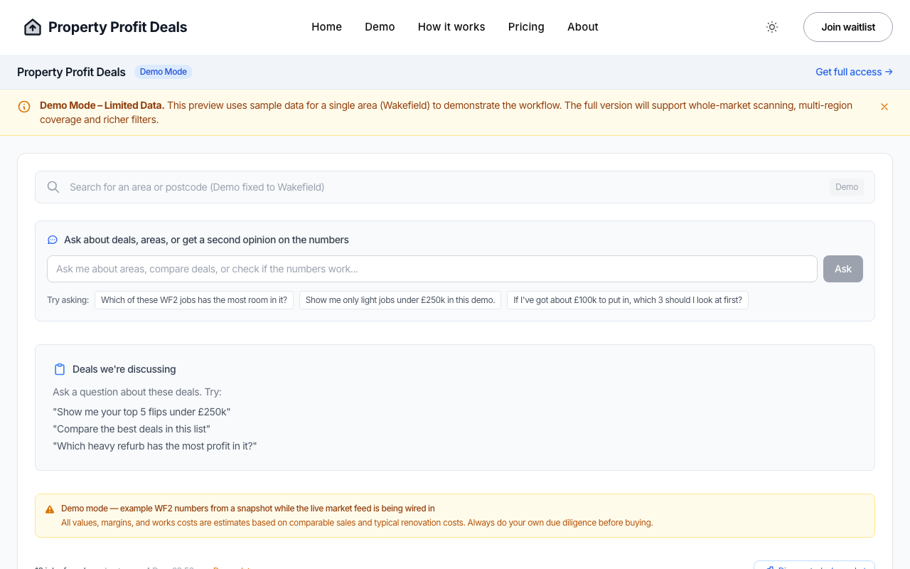 Property Profit Deals demo interface showing AI-powered property search and deal analysis