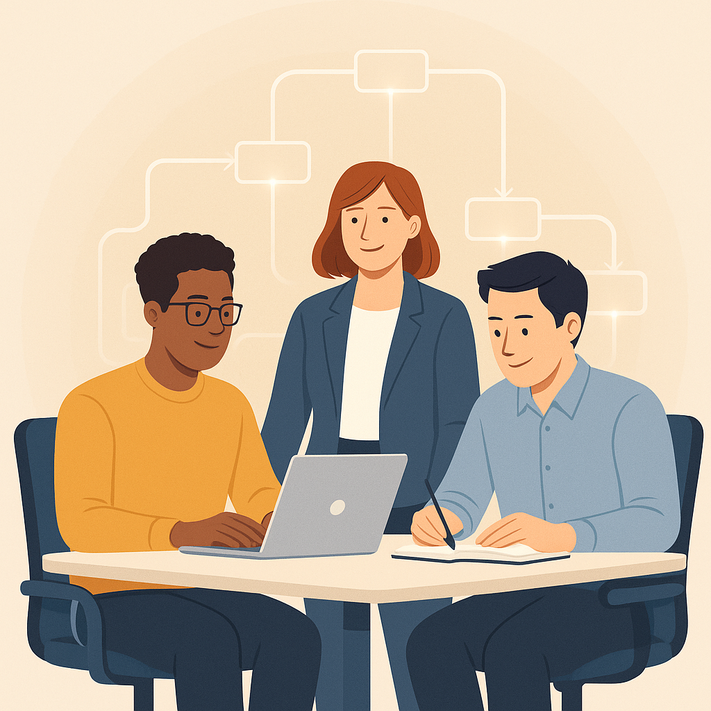Stylised illustration of a small team collaborating with a subtle workflow overlay — practical, partner-style AI enablement